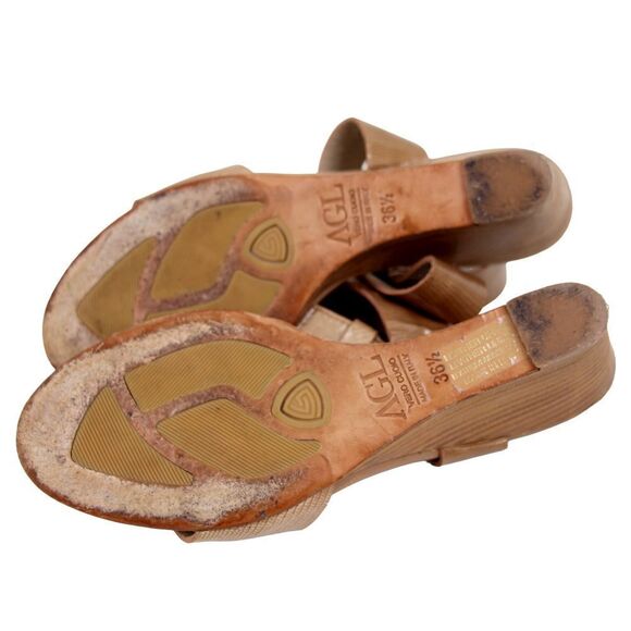 AGL BEIGE GENUINE PATENT LEATHER OPEN TOE MIDDLE HEEL WEDGE SHOES SIZE 36 1/2 - Picture 8 of 10